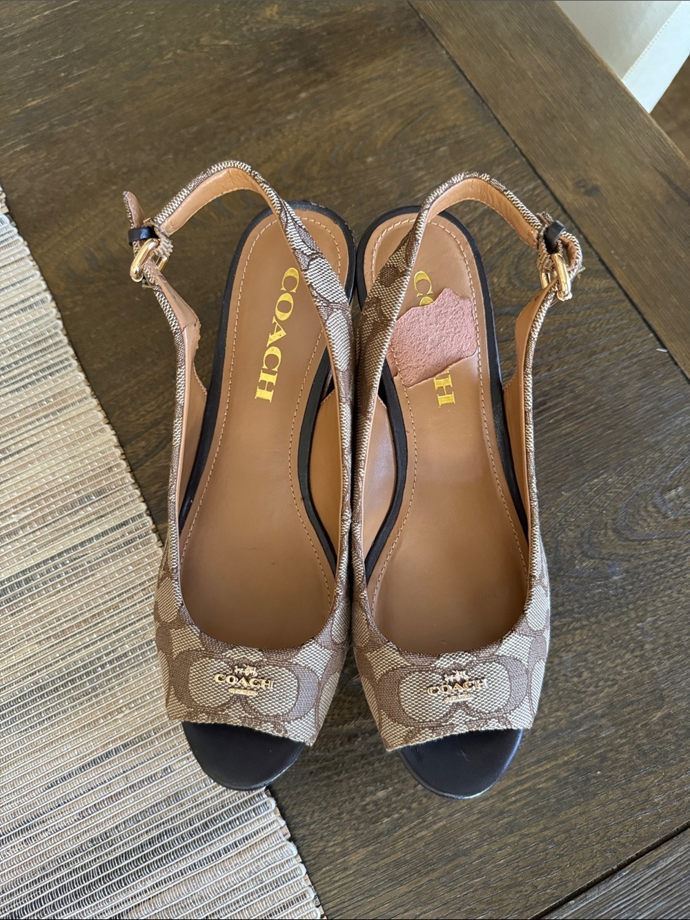 COACH Brown Signature Canvas Peep-Toe Slingback Wedges - Picture 6 of 9